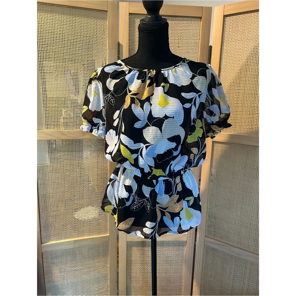 Who What Wear Black Floral Puff Sleeve Peplum Blouse Size M NWOT